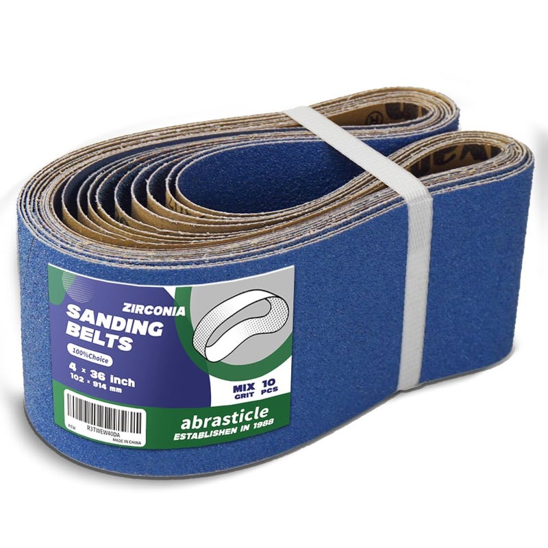 abrasticle 4"" x 36"" Zirconia Sanding Belts for Metal - 4 x 36 Inch Zirconia Metal Grinding Sand Paper, 10 PCS 2 Each of 40/60/80/120/240 Assorted Grits, Perfect for Metal Polishing, Derusting, Woodworking - Image 1
